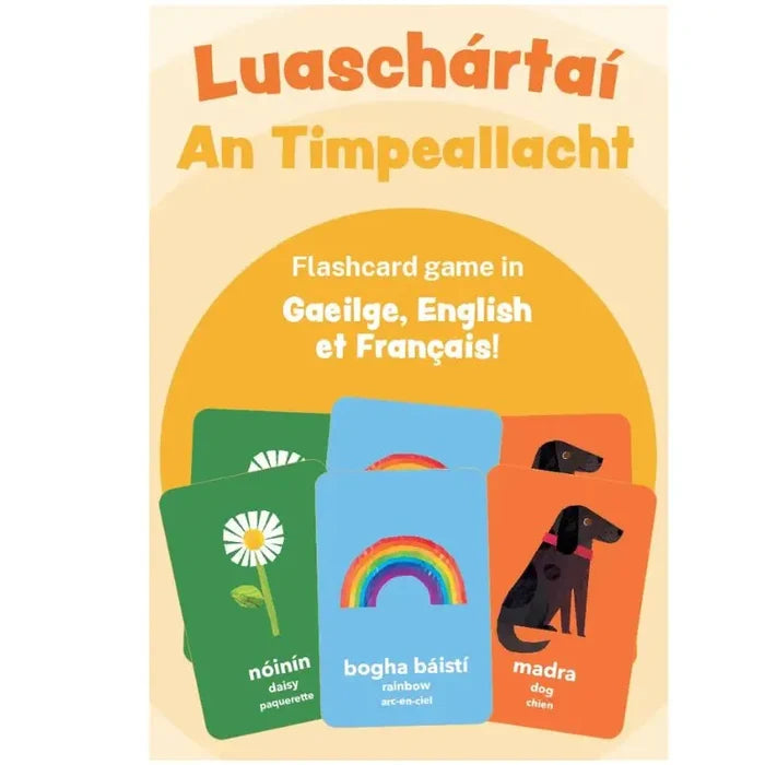 Trilingual flashcards featuring illustrations of a daisy, rainbow, and dog on green, blue, and orange backgrounds.