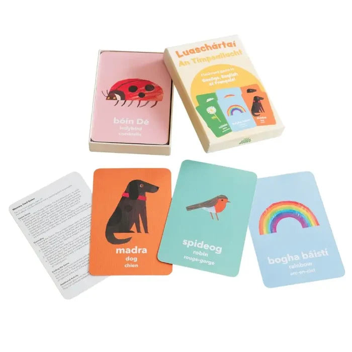 Colorful language flashcards featuring nature illustrations like a dog and robin, with an open box and instructions.