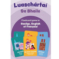 Purple trilingual flashcard set showing illustrated cards for laundry, playing a game, and a chimney.