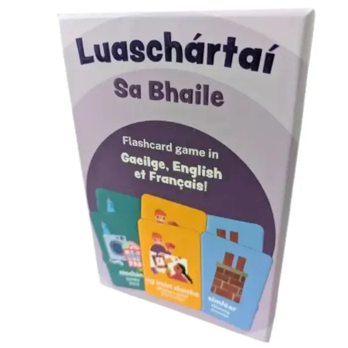 White rectangular box with purple text and a circle featuring colorful flashcards of a family, a house, and a chimney.