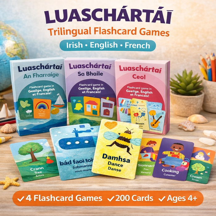 Three colorful boxes and individual trilingual flashcards with illustrations of a bee, tree, and submarine.