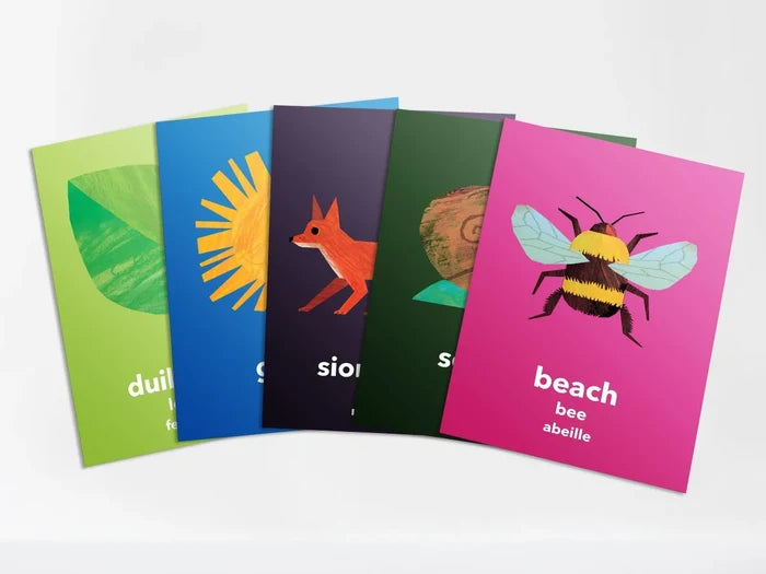 Five colorful, fanned-out flashcards featuring minimalist illustrations of a leaf, sun, fox, and bee.