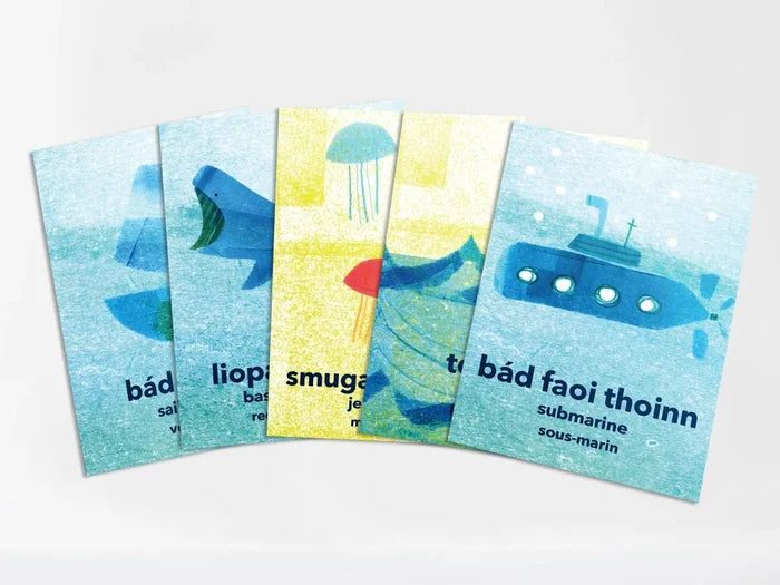 Five blue and yellow flashcards with textured sea creature illustrations and multilingual words.