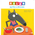 Cartoon wolf in a bib sitting at an orange table with dinner, set against a bright yellow background.
