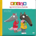 Square book cover with two cartoon gray wolves in sweaters on a teal background. Title MACÁN in colorful letter blocks.