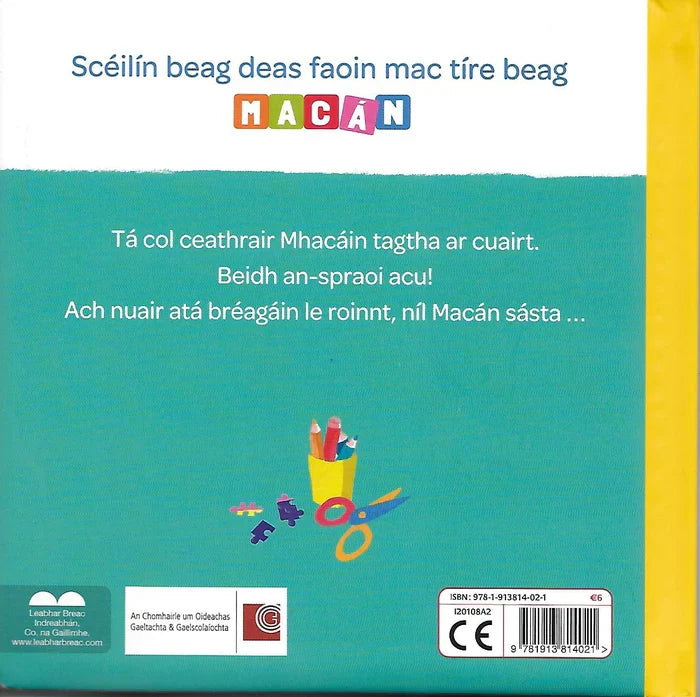 Teal and white back cover of an Irish children's book with colorful block letters and school supply illustrations.