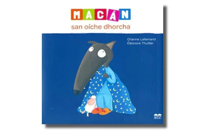 Book cover featuring a grey wolf in a starry blue blanket and a small sheep, with the title in colorful blocks.