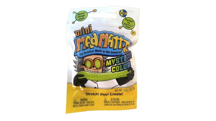 White and yellow sensory dough pouch featuring a cartoon scientist stretching green putty and Mystery Color text.