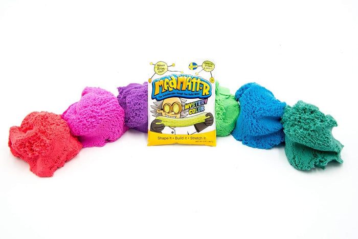 Mad Mattr Mystery Color pouch surrounded by six textured mounds of vibrant dough in a rainbow of colors.