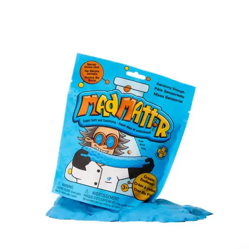Light blue bag of sensory dough featuring a cartoon mad scientist, resting on a mound of moldable blue dough.