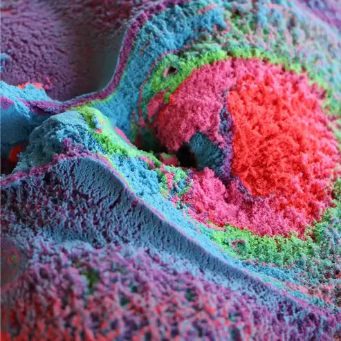 Close-up of vibrant pink, blue, purple, and green modeling dough with a soft, porous, and aerated texture.