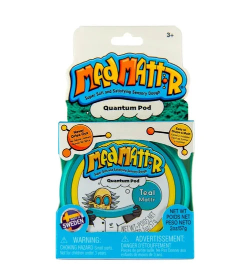 Teal Mad Mattr Quantum Pod sensory dough in a blue and yellow display box featuring a cartoon scientist.