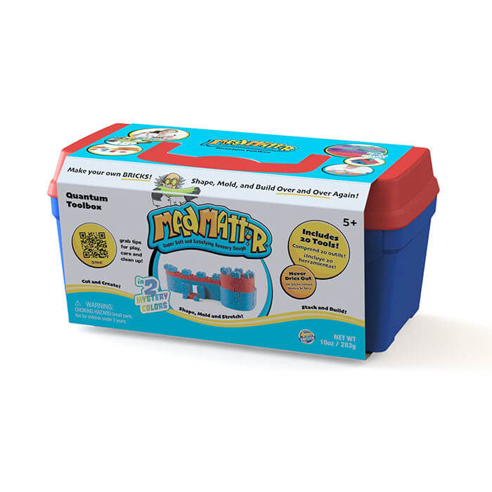 Blue and red toy toolbox with a white sleeve showing images of colorful sensory dough, bricks, and 20 building tools.