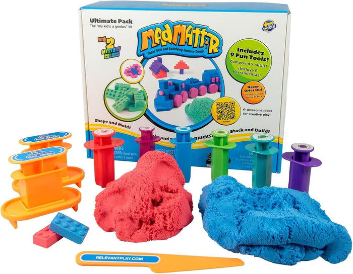 Red and blue sensory dough with colorful extruder molds, orange brick maker, and plastic tools in front of the box.