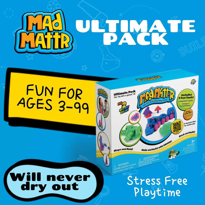 Mad Mattr box showing colorful molded dough bricks against a bright blue background with Fun for Ages 3-99 text.