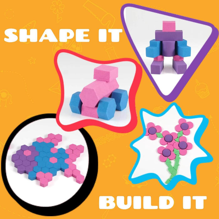 Pink, blue and purple compound shapes of a robot, car, fish and flowers. Text: SHAPE IT, BUILD IT.