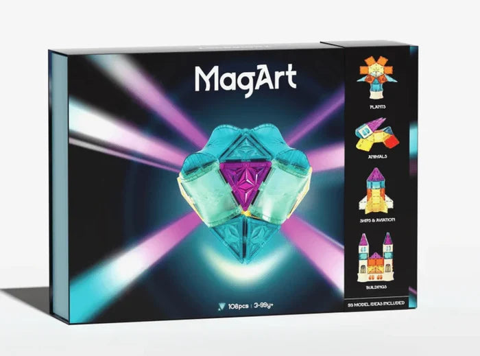 Black MagArt box featuring a glowing teal and purple 3D heart made of magnetic tiles and icons for 108 pieces.