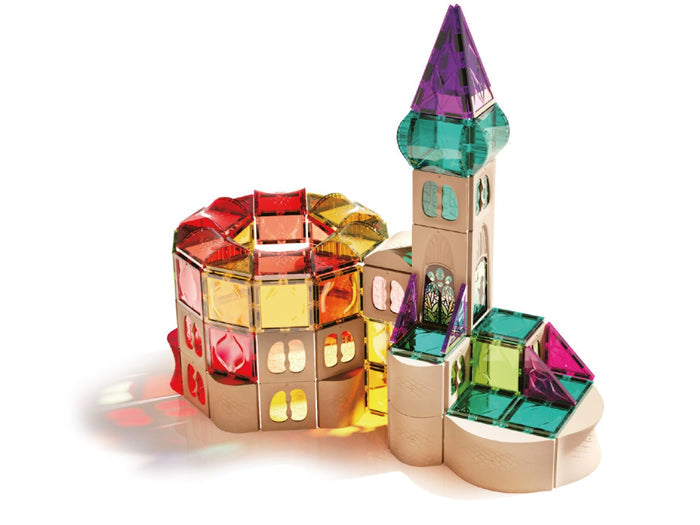 Vibrant toy castle made of translucent red, yellow, and teal magnetic tiles with a tall tower and tan window accents.