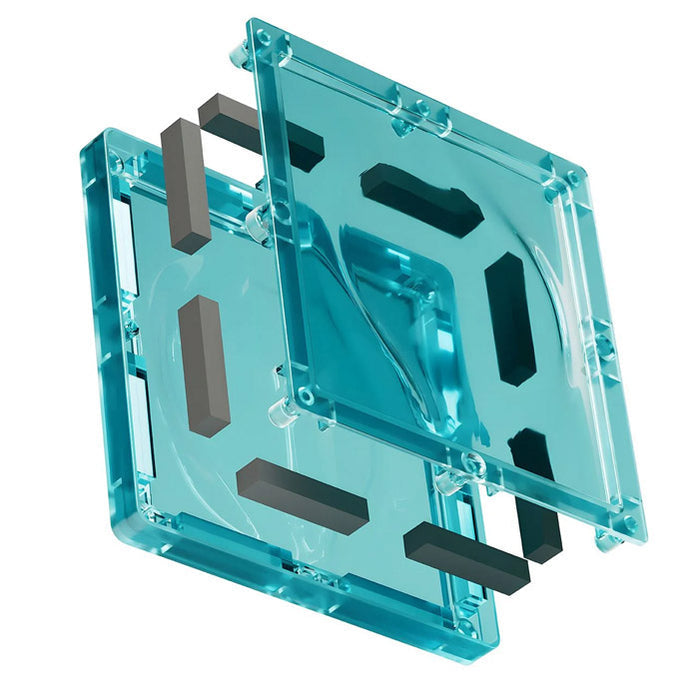 Exploded view of a translucent teal square tile showing internal grey rectangular magnets between plastic casing layers.