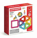 Red and white box for 14-piece Magformers set showing colorful magnetic squares and triangles for building 3D shapes.