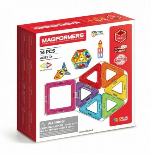 Red and white box for 14-piece Magformers set showing colorful magnetic squares and triangles for building 3D shapes.