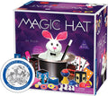 Purple magic kit box featuring a white plush rabbit in a silver hat, colorful props, cards, and a black wand.