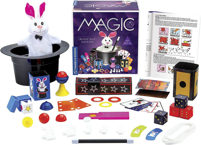 Magic kit with a black top hat, white rabbit puppet, wand, and colorful trick props arranged around its purple box.