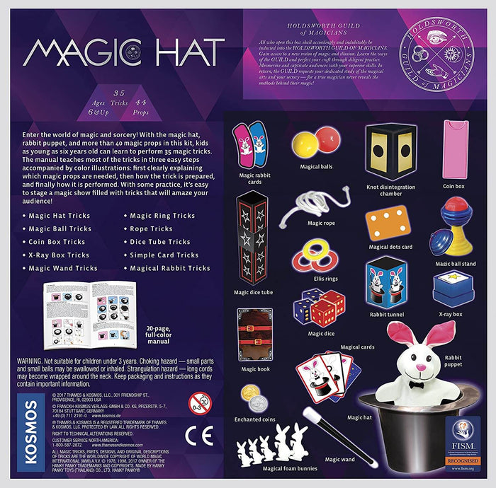 Magic set featuring a rabbit puppet, wand, and various props for 35 tricks on a dark purple background.