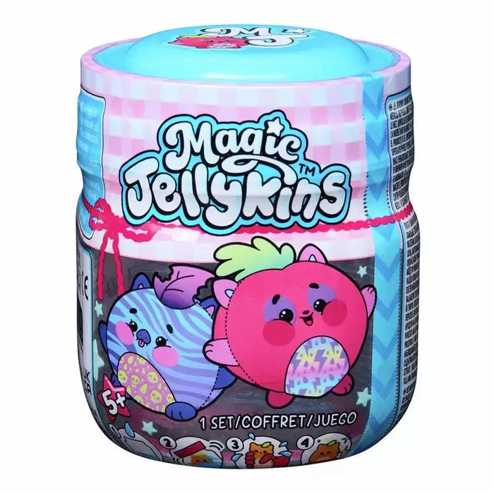 Cylindrical blue and pink toy jar with illustrations of round purple and pink characters on a checkered label.