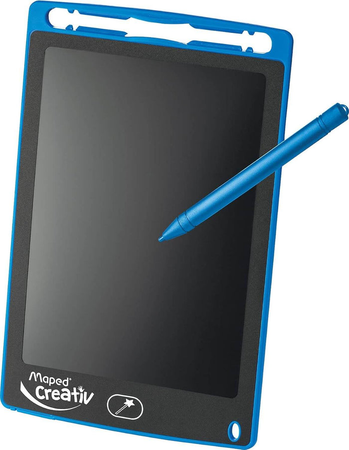 Blue Maped Creativ LCD drawing tablet with a black screen, matching stylus, and a magic wand erase button.