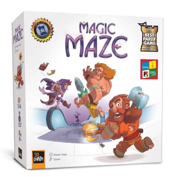 White square board game box with purple title showing cartoon fantasy heroes running up an escalator in a bright mall.