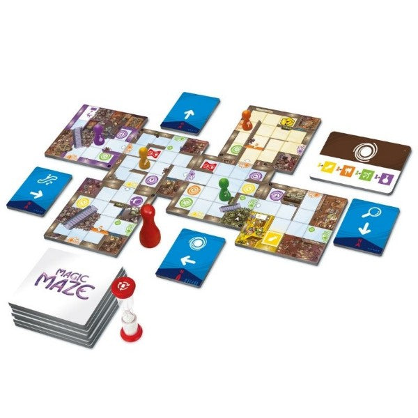 Magic Maze board game with square grid tiles, colorful pawns, blue action cards, and a red sand timer.