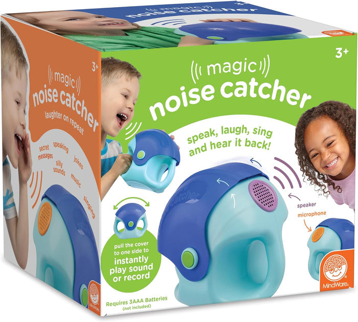 Box for a teal and blue handheld voice recorder toy featuring photos of children laughing and singing.
