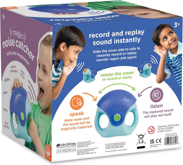 Teal and navy circular handheld toy in a box showing kids using it to record and replay sounds.