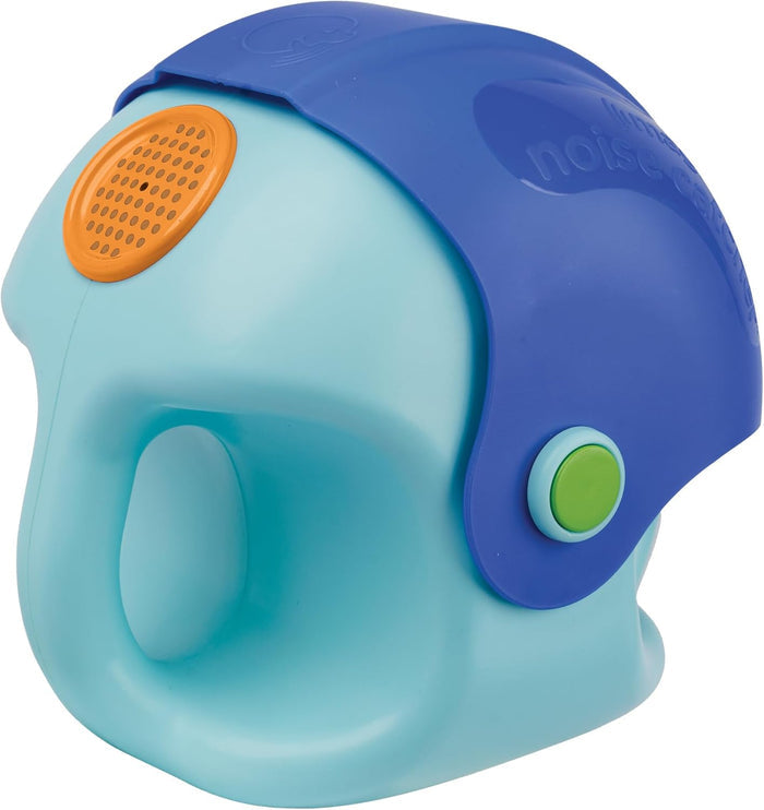 Light blue head-shaped toy with a dark blue top section, orange circular grill, and green button on the side.