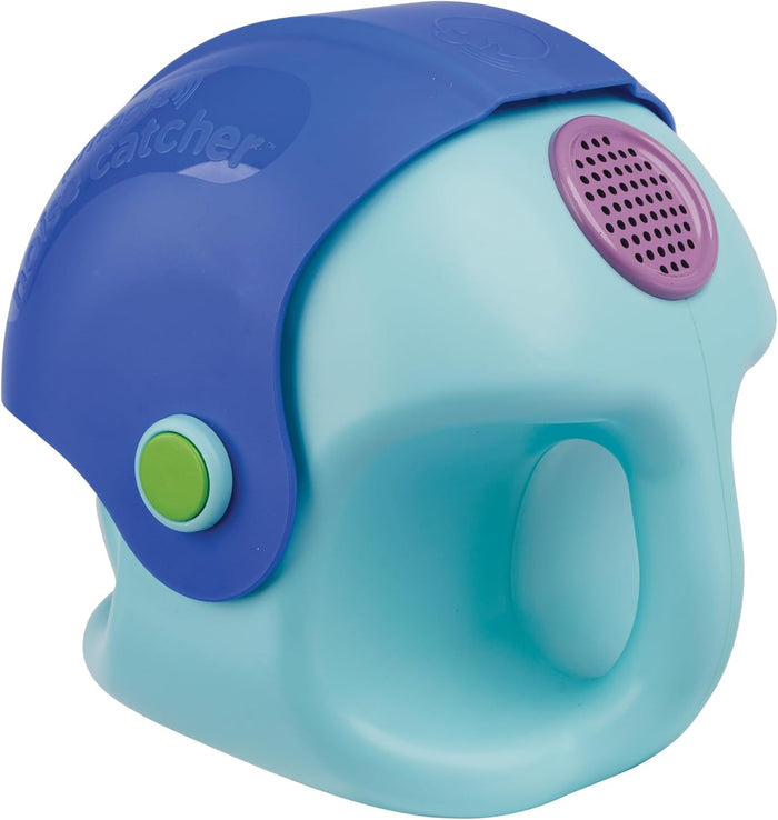 Light blue helmet-shaped plastic toy with a dark blue visor, lime green side button, and purple speaker grill on top.