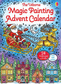 Illustrated advent calendar cover of Santa in a red sleigh pulled by reindeer over a snowy village at night.