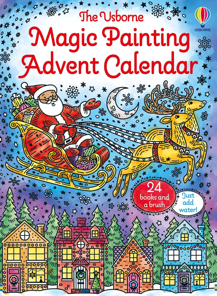 Illustrated advent calendar cover of Santa in a red sleigh pulled by reindeer over a snowy village at night.