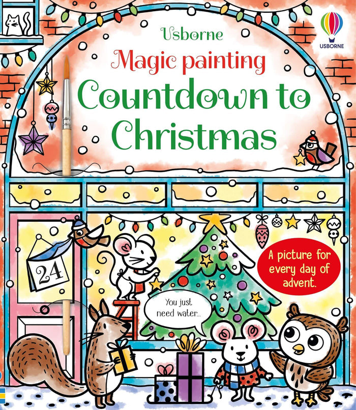 Festive book cover with mice, a squirrel, and an owl around a Christmas tree, with red and green text and a paintbrush.