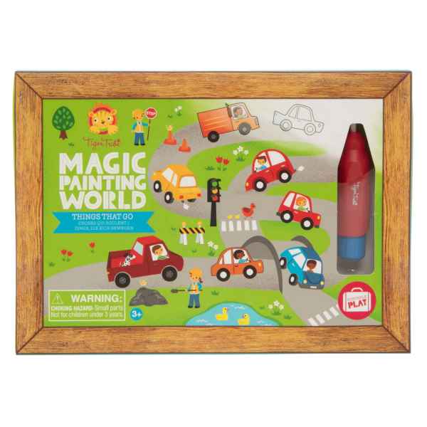 Toy box with a wood-look frame, cartoon road scene with colorful cars, and a red and blue water pen.