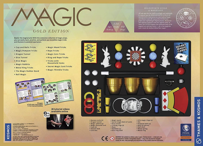 Teal and gold magic kit packaging displaying trick props, white rabbits, a wand, and instruction booklets.