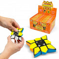 Hands twisting a star-shaped puzzle spinner with yellow and blue panels next to an orange retail display box.