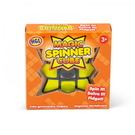 Orange box for a Magic Spinner Cube, showing a black and yellow star-shaped fidget spinner puzzle inside.