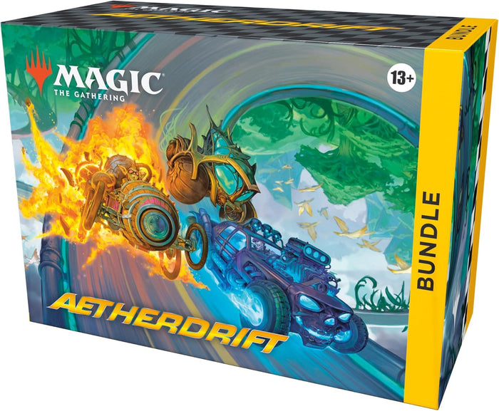 Magic Aetherdrift box with fiery and blue fantasy vehicles on a neon track and a yellow side panel.