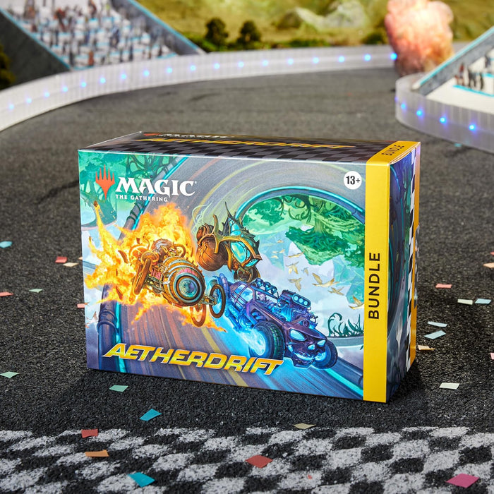 Rectangular bundle box with art of fantasy vehicles racing through a portal, featuring a bright yellow side panel.