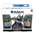 White starter kit box with Cloud and Sephiroth illustrations, showing two Magic cards through side windows.