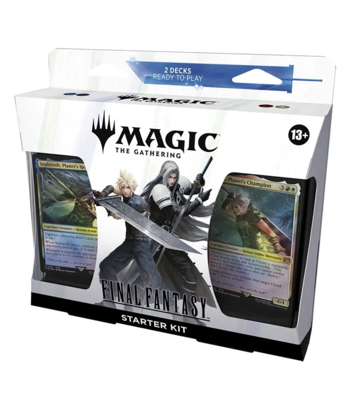 Magic: The Gathering Final Fantasy Starter Kit white box with Cloud and Sephiroth art and two character cards inside.