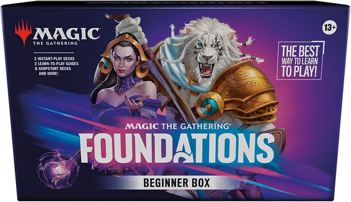 Purple game box with art of a woman in violet and an armored white lion. Text: Magic Foundations Beginner Box.