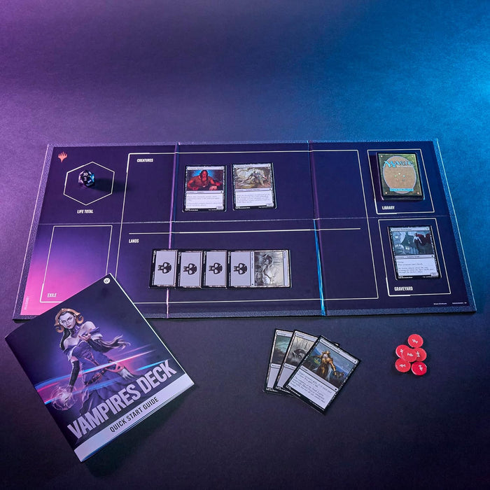Game board with fantasy cards, red tokens, a black d20, and a vampire-themed guide on a neon-lit background.