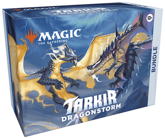Rectangular blue box featuring two battling dragons with fire and lightning. White text reads Tarkir Dragonstorm.